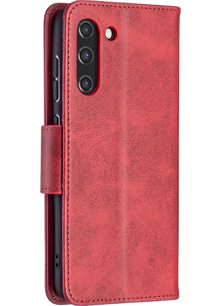 Samsung Galaxy S21 FE/S21 Lite-Red Için Pu Deri Cüzdan Tasarımı Akıllı Telefon Koruyucu Kılıf Kabuğu Kabuğu (Yurt Dışından)