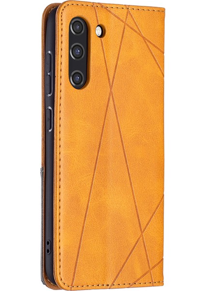 Geometrik Desen Deri Telefon Kasası Kabuk Kartı Tutucu Samsung Galaxy S21 FE/S21 Lite-Sarı (Yurt Dışından)