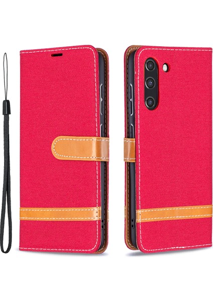 Samsung Galaxy S21 FE/S21 Lite-Red Için Kot Kot Bezi Yüzey Deri Telefon Kapağı Cüzdan Stand Kılıfı (Yurt Dışından)
