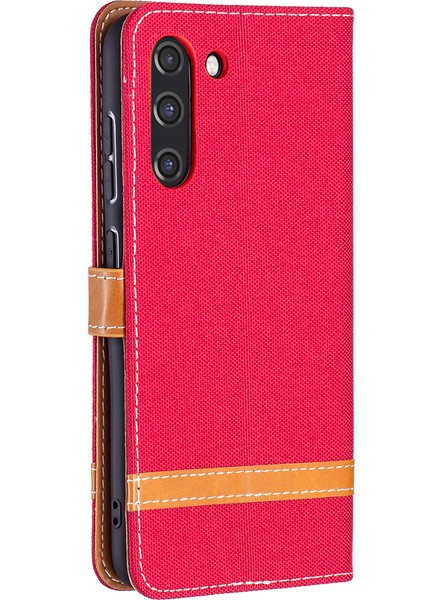 Samsung Galaxy S21 FE/S21 Lite-Red Için Kot Kot Bezi Yüzey Deri Telefon Kapağı Cüzdan Stand Kılıfı (Yurt Dışından)