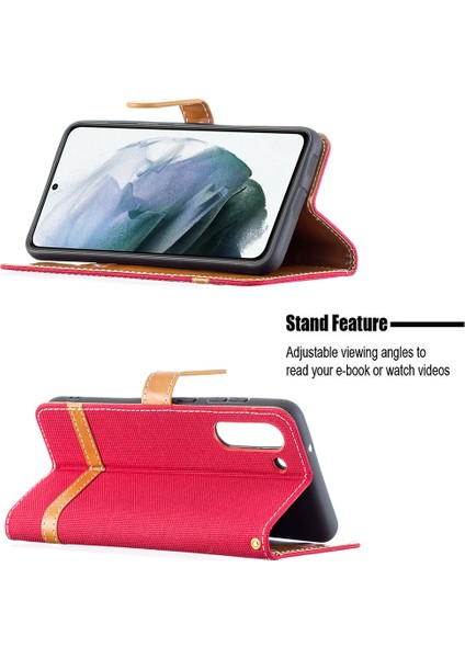 Samsung Galaxy S21 FE/S21 Lite-Red Için Kot Kot Bezi Yüzey Deri Telefon Kapağı Cüzdan Stand Kılıfı (Yurt Dışından)