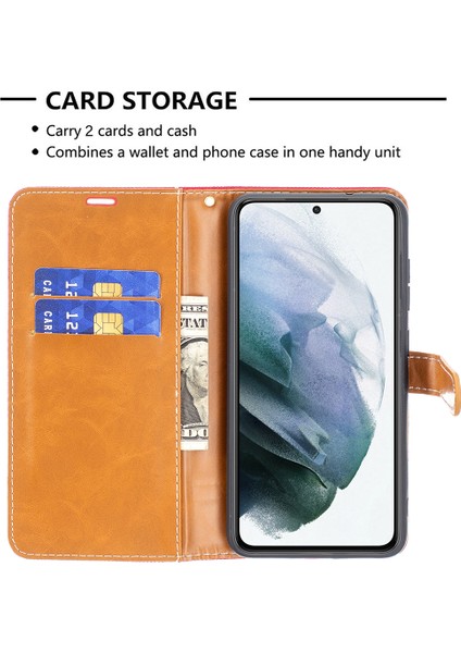 Samsung Galaxy S21 FE/S21 Lite-Red Için Kot Kot Bezi Yüzey Deri Telefon Kapağı Cüzdan Stand Kılıfı (Yurt Dışından)