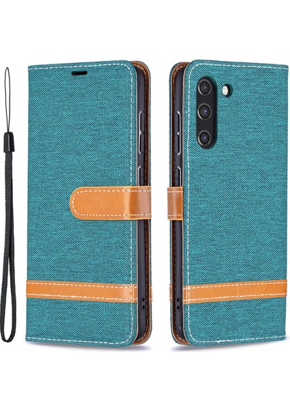 Samsung Galaxy S21 FE/S21 Lite-Green Için Birleştirme Kot Pantolon Yüzey Deri Telefon Kapağı Cüzdan Standı Çantası (Yurt Dışından)
