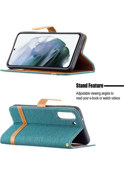 Samsung Galaxy S21 FE/S21 Lite-Green Için Birleştirme Kot Pantolon Yüzey Deri Telefon Kapağı Cüzdan Standı Çantası (Yurt Dışından)