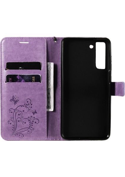 Samsung Galaxy S21 FE/S21 Fan Edition-Purple Için Baskı Kelebek Deri Cüzdan Kabuğu Kılıfı (Yurt Dışından)