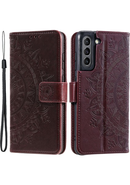 Samsung Galaxy S21 Fe-Brown Için Basılı Mandala Çiçek Cüzdan Deri Kılıf (Yurt Dışından)
