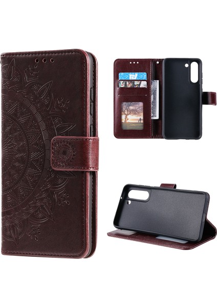 Samsung Galaxy S21 Fe-Brown Için Basılı Mandala Çiçek Cüzdan Deri Kılıf (Yurt Dışından)