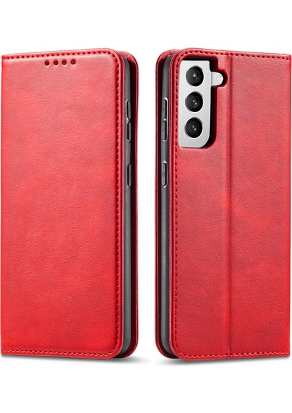 Samsung Galaxy S21 Fe-Red Için Otomatik Emilmiş Folio Stand Tasarım Deri Cüzdan Telefon Kılıfı (Yurt Dışından)