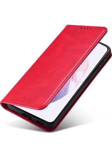 Samsung Galaxy S21 Fe-Red Için Otomatik Emilmiş Folio Stand Tasarım Deri Cüzdan Telefon Kılıfı (Yurt Dışından)