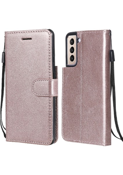 Samsung Galaxy S21+5G-ROSE Altın Için Kayışlı Iyi Korumalı Düz Renkli Pu Deri Telefon Kasası Cüzdan Standı Kapağı (Yurt Dışından)