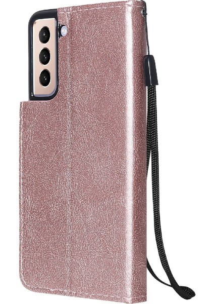 Samsung Galaxy S21+5G-ROSE Altın Için Kayışlı Iyi Korumalı Düz Renkli Pu Deri Telefon Kasası Cüzdan Standı Kapağı (Yurt Dışından)