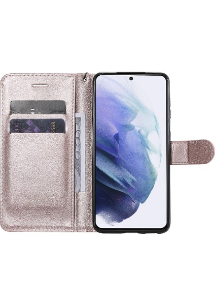 Samsung Galaxy S21+5G-ROSE Altın Için Kayışlı Iyi Korumalı Düz Renkli Pu Deri Telefon Kasası Cüzdan Standı Kapağı (Yurt Dışından)