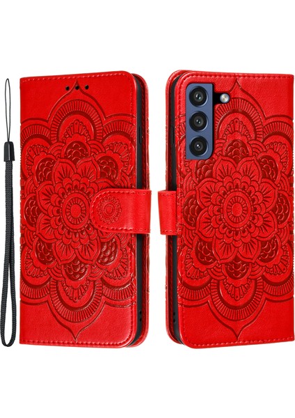 Baskı Kana Mandala Çiçek Deseni Koruyucu Koruyucu Yumuşak Pu Deri Kapak Kılıfı Samsung Galaxy S21 Fe-Red (Yurt Dışından)