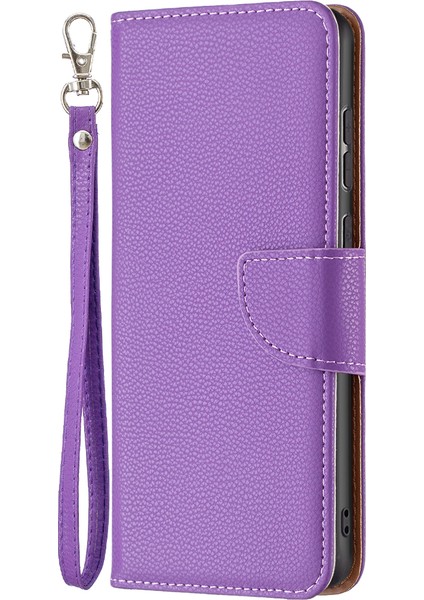 Samsung Galaxy A33 Için 5g Litchi Doku Pu Deri Deri Telefon Kılıfı Cüzdan Düz Renk Anti-Fall Telefon Kapağı Strap-Purple ile (Yurt Dışından)