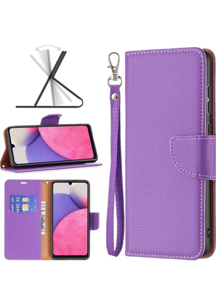 Samsung Galaxy A33 Için 5g Litchi Doku Pu Deri Deri Telefon Kılıfı Cüzdan Düz Renk Anti-Fall Telefon Kapağı Strap-Purple ile (Yurt Dışından)
