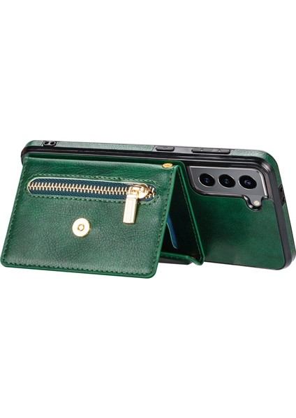 Samsung Galaxy S22+5G Kasa Için, Pu Derisi Kaplamalı Tpu Kickstand Kapak Kart Yuvası Tutucu ve Kayış-Mizlik Yeşil (Yurt Dışından)