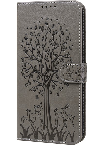 Samsung Galaxy S21 Fe 5G/S21 Fan Edition Geyik Ağacı Deseni Baskılı Pu Deri Koruyucu Kılıf Stand Flip Manyetik Kıvalanma Kapağı Kapak-Grey (Yurt Dışından)
