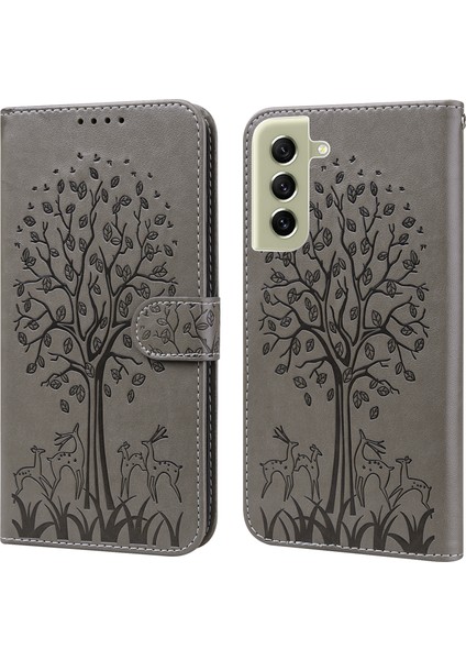 Samsung Galaxy S21 Fe 5G/S21 Fan Edition Geyik Ağacı Deseni Baskılı Pu Deri Koruyucu Kılıf Stand Flip Manyetik Kıvalanma Kapağı Kapak-Grey (Yurt Dışından)