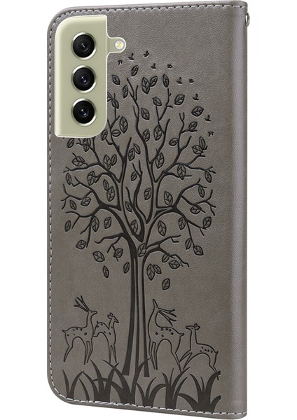 Samsung Galaxy S21 Fe 5G/S21 Fan Edition Geyik Ağacı Deseni Baskılı Pu Deri Koruyucu Kılıf Stand Flip Manyetik Kıvalanma Kapağı Kapak-Grey (Yurt Dışından)