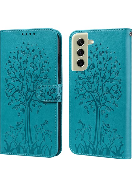 Samsung Galaxy S21 Fe 5G/S21 Fan Edition Geyik Ağacı Deseni Baskılı Pu Deri Koruyucu Kılıf Stand Flip Manyetik Kıvalanma Kapak Blue (Yurt Dışından)