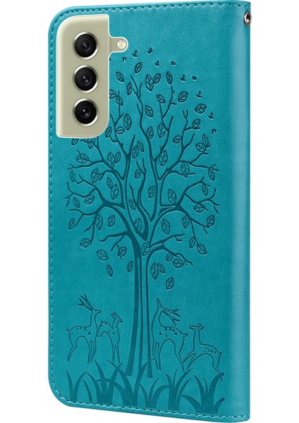 Samsung Galaxy S21 Fe 5G/S21 Fan Edition Geyik Ağacı Deseni Baskılı Pu Deri Koruyucu Kılıf Stand Flip Manyetik Kıvalanma Kapak Blue (Yurt Dışından)