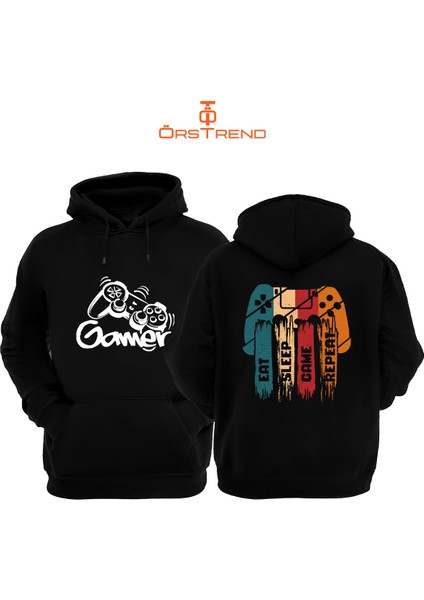 Gamer Baskılı 3 Iplik Unisex Siyah Kapişonlu Sweatshirt