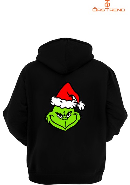 Grinch Baskılı 3 Iplik Unisex Siyah Kapişonlu Sweatshirt