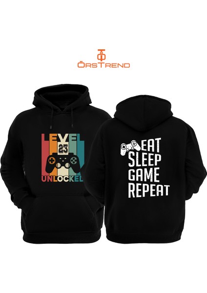 Gamer Baskılı 3 Iplik Unisex Siyah Kapişonlu Sweatshirt