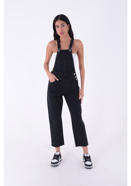 Yanları Düğme detaylı Dekoratif Cepli Astarsız Mom Fit Kadın Kot Tulum Antrasit Denim Dört Mevsim