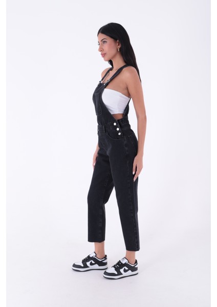Yanları Düğme detaylı Dekoratif Cepli Astarsız Mom Fit Kadın Kot Tulum Antrasit Denim Dört Mevsim fiyatları
