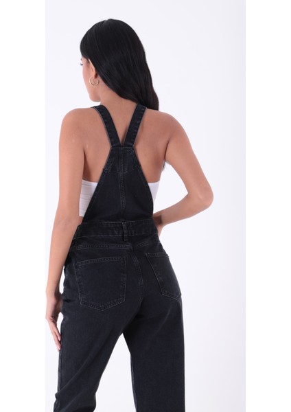 Yanları Düğme detaylı Dekoratif Cepli Astarsız Mom Fit Kadın Kot Tulum Antrasit Denim Dört Mevsim fırsatları