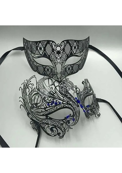 Siyah Mavi Elmas Siyah Gümüş Altın Metal Telkari Lazer Kesim Çift Venedik Parti Maskesi Düğün Topu Maskesi Cadılar Bayramı Masquerade Kostüm Masker Seti (Yurt Dışından)