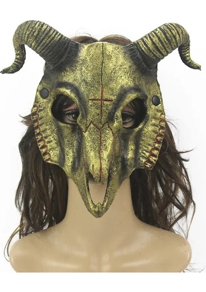 Altın Koyun Kafatası Boynuz Kafa Maskesi Şeytan Tam Yüz Maskesi Unisex Cadılar Bayramı Masquerade Karnaval Parti Sahne Cosplay Hayvan Maskesi (Yurt Dışından)