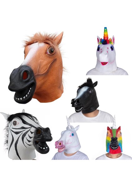 X13008 Cadılar Bayramı Maskeleri Lateks At Kafası Zebra Cosplay Hayvan Kostüm Tiyatrosu Prank Çılgın Parti Sahne Beyaz Tek Boynuzlu Tam Yüz Maskesi (Yurt Dışından)