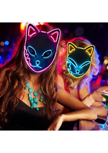 Hiçbir Açık Sarı LED Parlayan Kedi Yüz Maskesi Kadınlar Için Iblis Avcısı Soğuk Işık Tilki Maskesi Masquerade Cosplay Sahne Bar Perili Ev Parti Dekoru (Yurt Dışından)