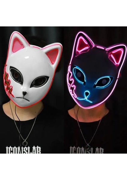 Hiçbir Açık Sarı LED Parlayan Kedi Yüz Maskesi Kadınlar Için Iblis Avcısı Soğuk Işık Tilki Maskesi Masquerade Cosplay Sahne Bar Perili Ev Parti Dekoru (Yurt Dışından)
