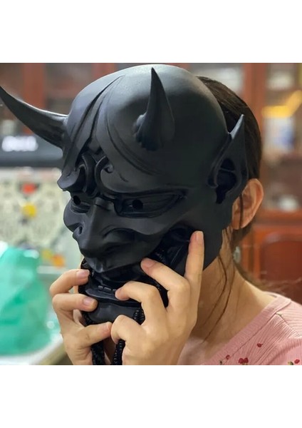 Siyah Yetişkin Unisex Cadılar Bayramı Japon Mühürlü Prajna Şeytan Hannya Noh Kabuki Şeytan Oni Samuray Tam Yüz Maskesi Kırmızı Siyah Mavi (Yurt Dışından)