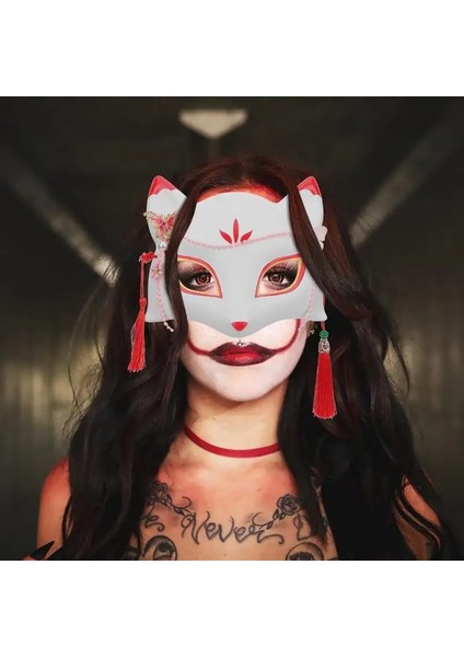 H Japon El-Boyalı Tilki Maskesi Kabuki Kitsune Yarım Yüz Maskesi Anime Cosplay Cadılar Bayramı Partisi Masquerade Kostüm Sahne (Yurt Dışından) indirimleri
