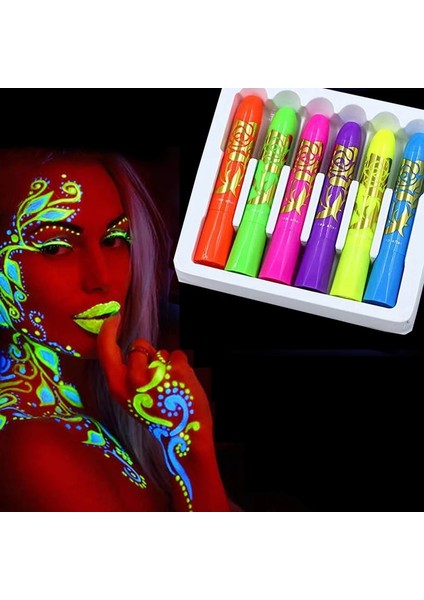 Gösterildiği Gibi 6 Adet Cadılar Bayramı Glow Karanlık Yüz Siyah Işık Boya Uv Neon Yüz ve Vücut Boyası Mum Boya Seti Floresan Makyaj Işaretleyici Noel (Yurt Dışından)