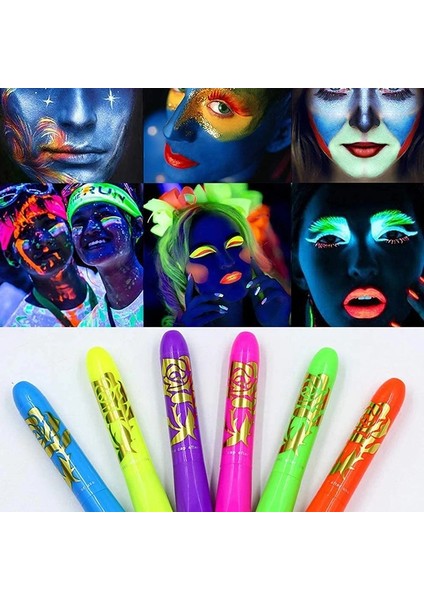 Gösterildiği Gibi 6 Adet Cadılar Bayramı Glow Karanlık Yüz Siyah Işık Boya Uv Neon Yüz ve Vücut Boyası Mum Boya Seti Floresan Makyaj Işaretleyici Noel (Yurt Dışından)
