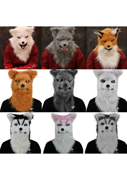 Tilki-Gri Hareketli Ağız Hayvan Kafa Maskesi Peluş Maske Tilki Köpek Kurt Orangutan Taklit Kürk Takım Elbise Cadılar Bayramı Kostümleri Parti Prop Cosplay Malzemeleri (Yurt Dışından)
