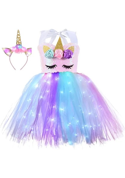 Mavi L (5-6 T) LED Parlayan Işık Çocuk Kız Tek Boynuzlu At Elbiseler Tutu Prenses Elbise Unicorn Doğum Günü Partisi Dans Mini Etek Kostüm Cosplay Dekor (Yurt Dışından)