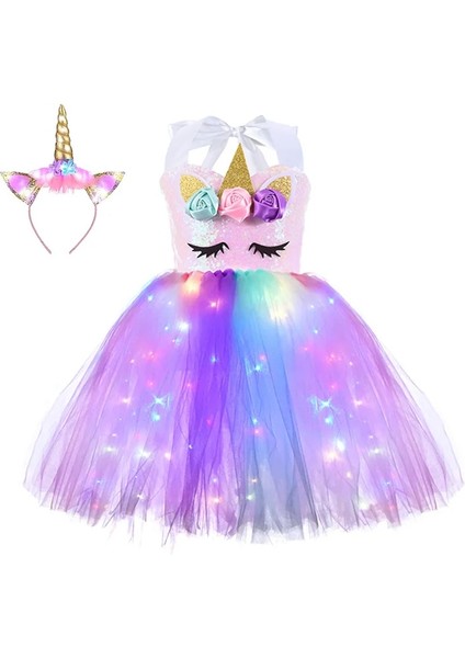 Mavi L (5-6 T) LED Parlayan Işık Çocuk Kız Tek Boynuzlu At Elbiseler Tutu Prenses Elbise Unicorn Doğum Günü Partisi Dans Mini Etek Kostüm Cosplay Dekor (Yurt Dışından)