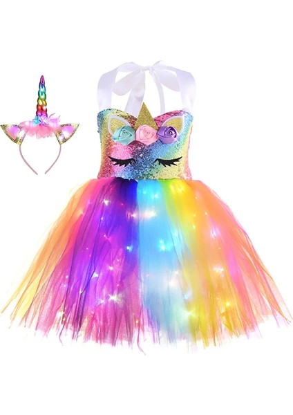 Mavi L (5-6 T) LED Parlayan Işık Çocuk Kız Tek Boynuzlu At Elbiseler Tutu Prenses Elbise Unicorn Doğum Günü Partisi Dans Mini Etek Kostüm Cosplay Dekor (Yurt Dışından)