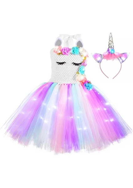 Mavi L (5-6 T) LED Parlayan Işık Çocuk Kız Tek Boynuzlu At Elbiseler Tutu Prenses Elbise Unicorn Doğum Günü Partisi Dans Mini Etek Kostüm Cosplay Dekor (Yurt Dışından)