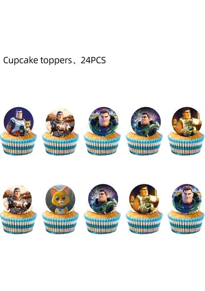 24 Adet Kek Topper Disney Buzz Lightyear Doğum Günü Partisi Malzemeleri Tek Kullanımlık Sofra Erkek Yemeği Tatlı Tabakları Peçeteler Bardak Çanta Ev Dekorasyonu (Yurt Dışından)
