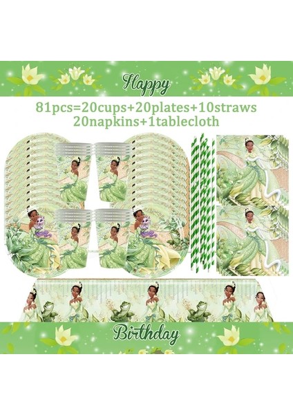 BPXZZ-81PCS Disney Tiana Prenses Tema Kağıt Tabak Bardak Afiş Doğum Günü Partisi Dekorasyon Prenses ve Kurbağa Sofra Parti Malzemeleri (Yurt Dışından)