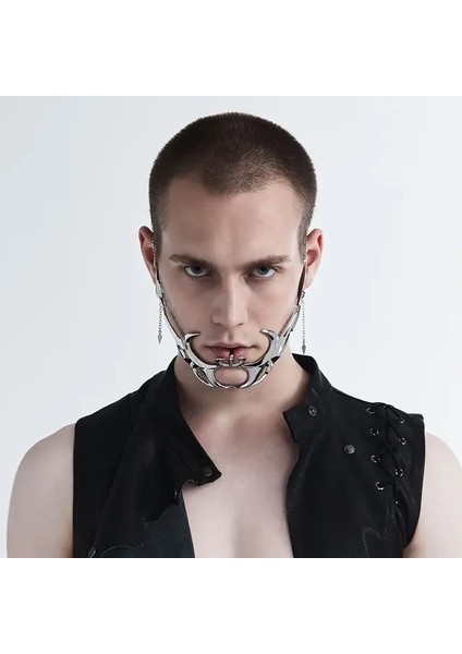 B Cyberpunk Düzensiz Titanyum Çelik Parti Maskesi Gotik Punk Metal Mekanik Uzaylı Sıvı Yüz Süsleme Küpe Takı Aksesuarla (Yurt Dışından)