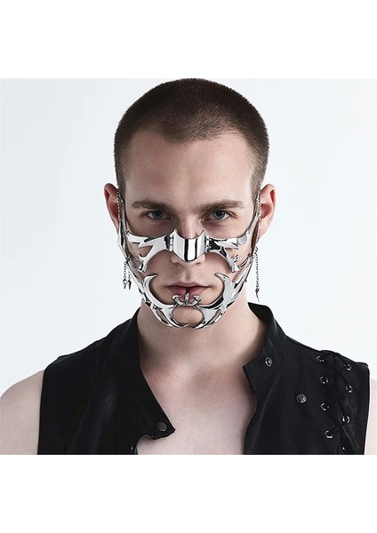 B Cyberpunk Düzensiz Titanyum Çelik Parti Maskesi Gotik Punk Metal Mekanik Uzaylı Sıvı Yüz Süsleme Küpe Takı Aksesuarla (Yurt Dışından)