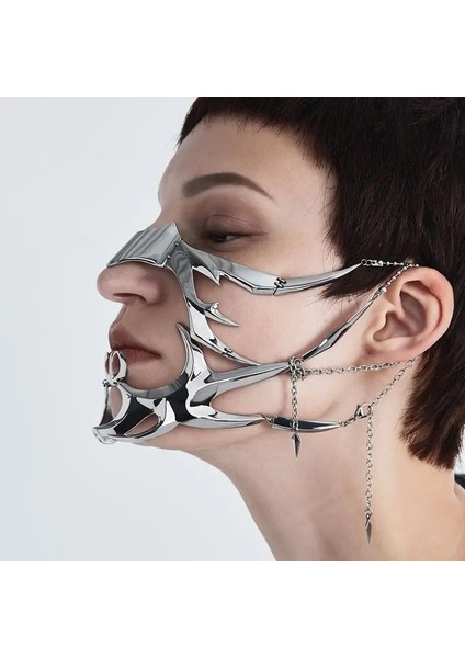 B Cyberpunk Düzensiz Titanyum Çelik Parti Maskesi Gotik Punk Metal Mekanik Uzaylı Sıvı Yüz Süsleme Küpe Takı Aksesuarla (Yurt Dışından)